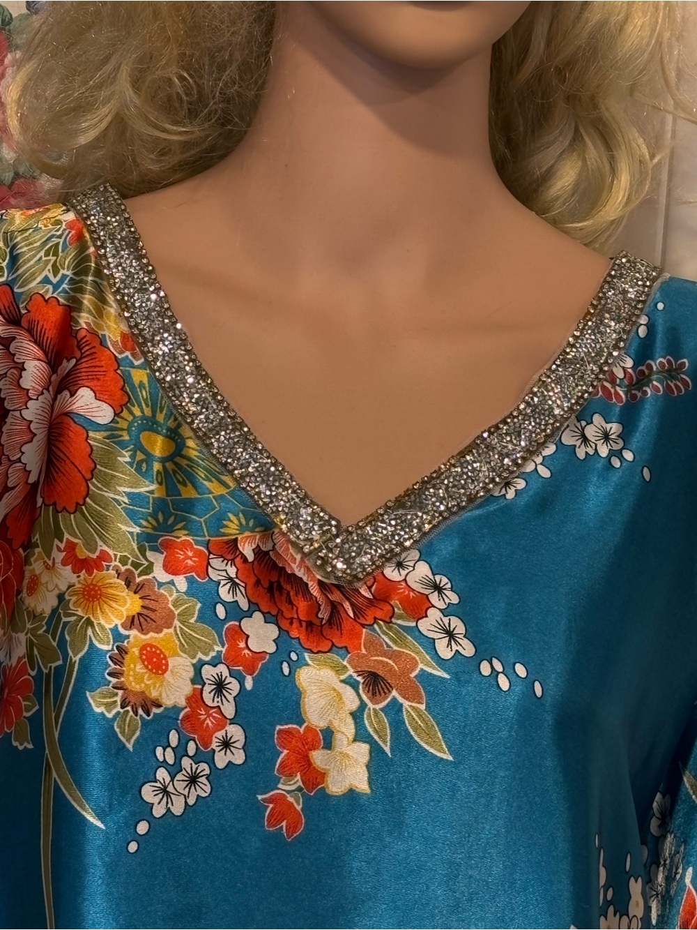 Mrs Roper Costume Turquoise Floral Rhinestone Caftan OS - Picture 3 of 6